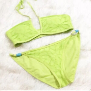 Aerie lace beaded bottom bikini SET neon turquoise colored beads.